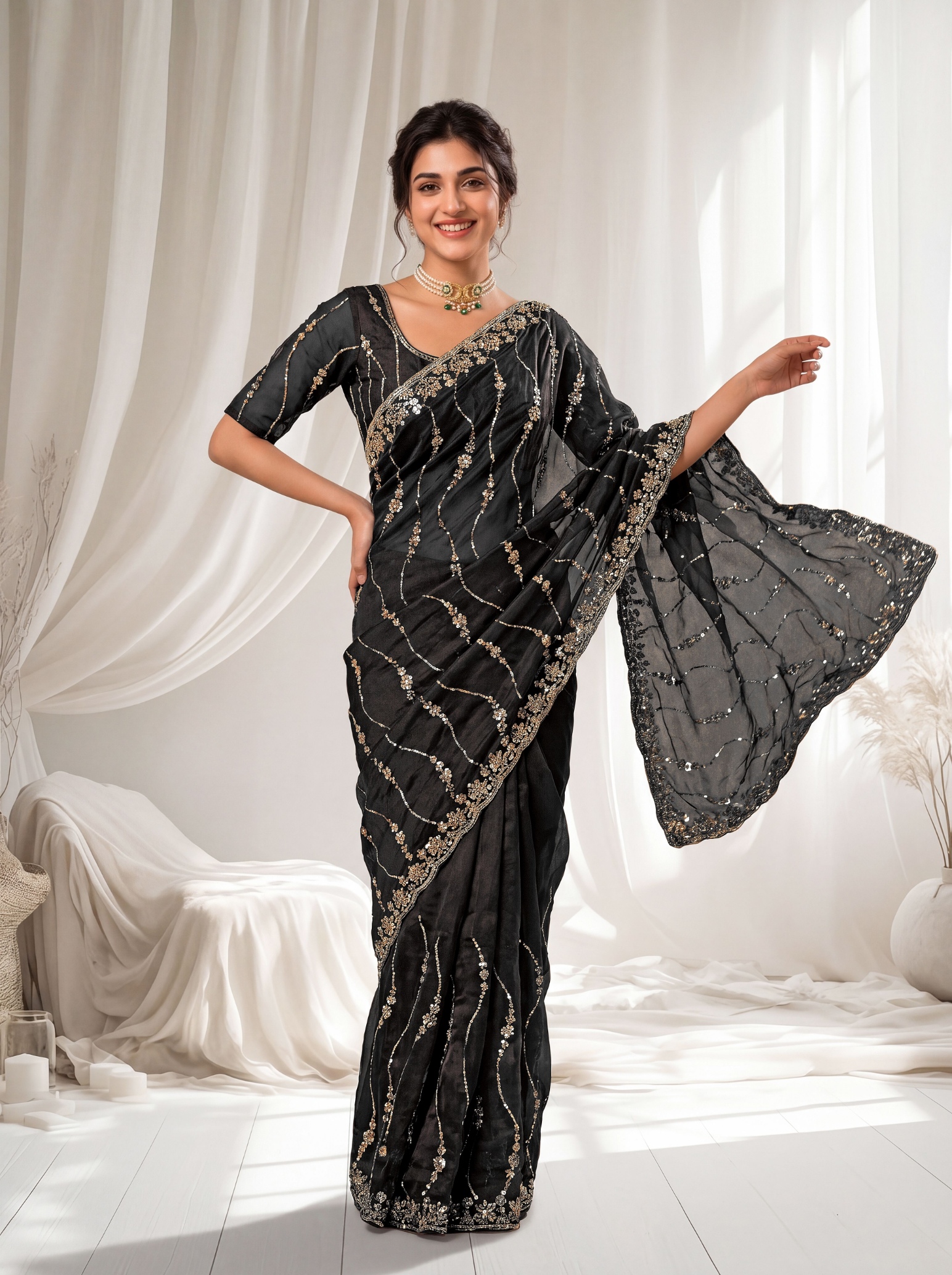 Midnight Black Floral Sequin Embroidered Space Silk Saree