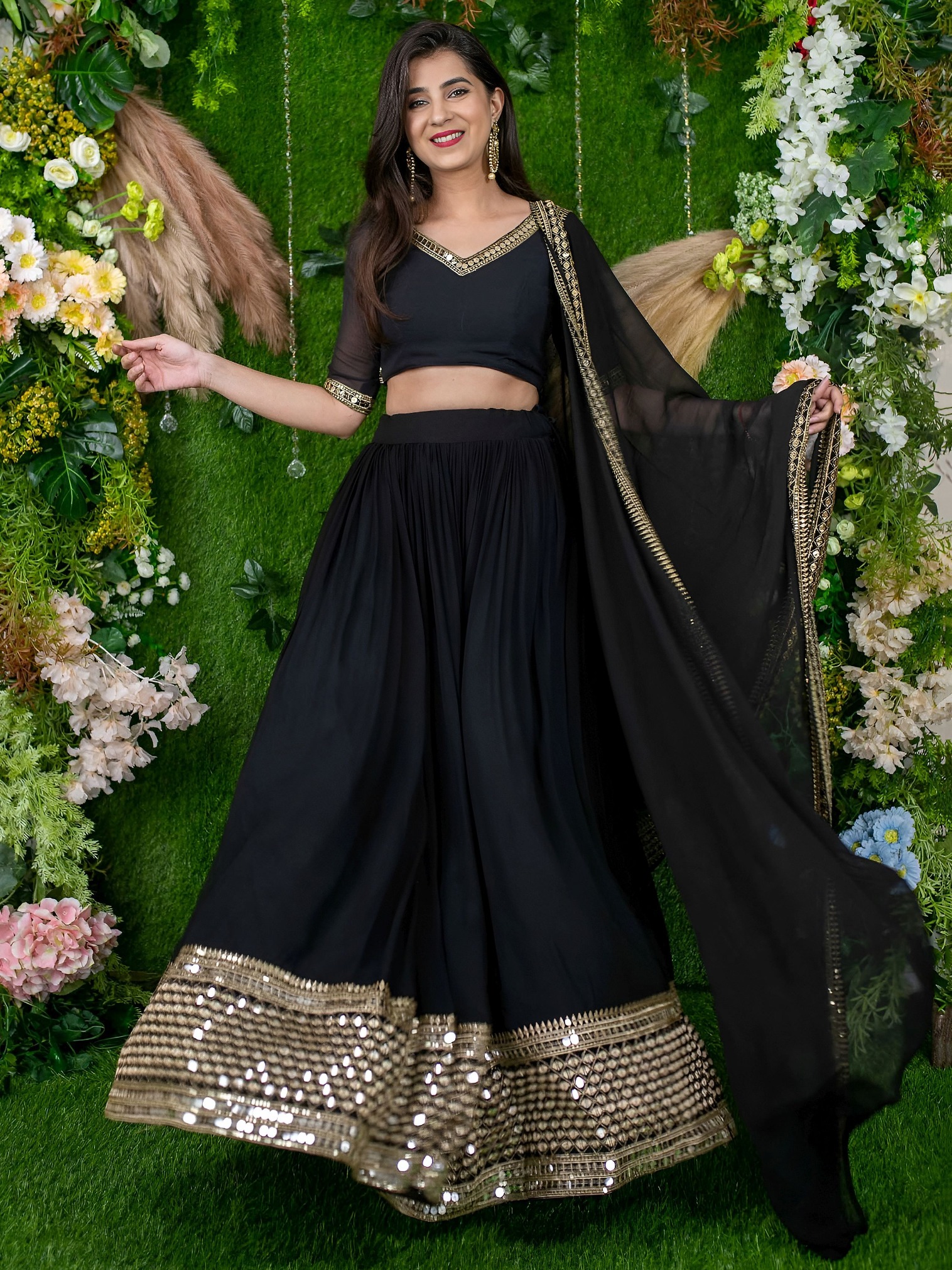 Midnight Black Georgette Mirror Embroidered Flared Lehenga Choli