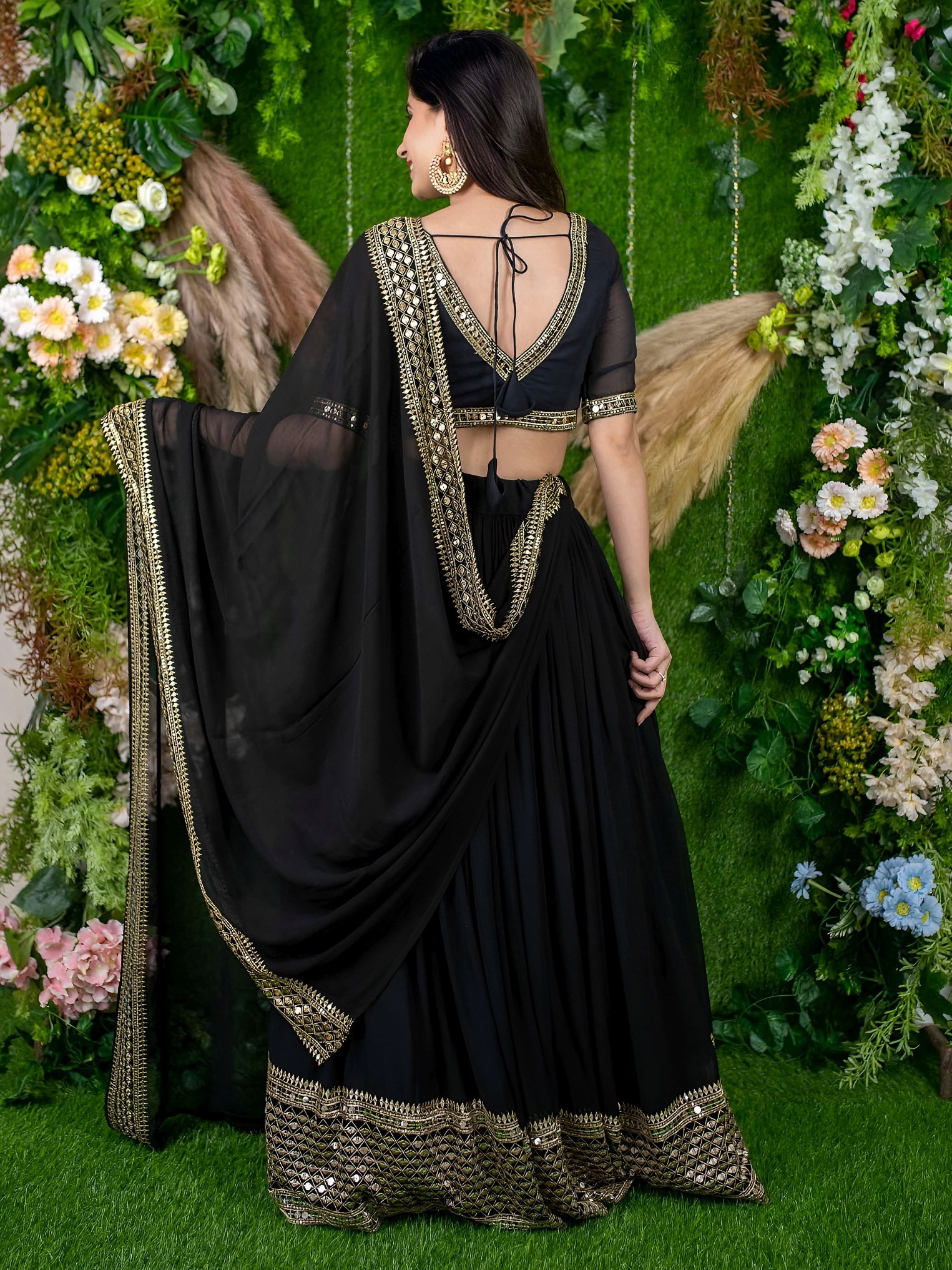 Midnight Black Georgette Mirror Embroidered Flared Lehenga Choli — alternate view