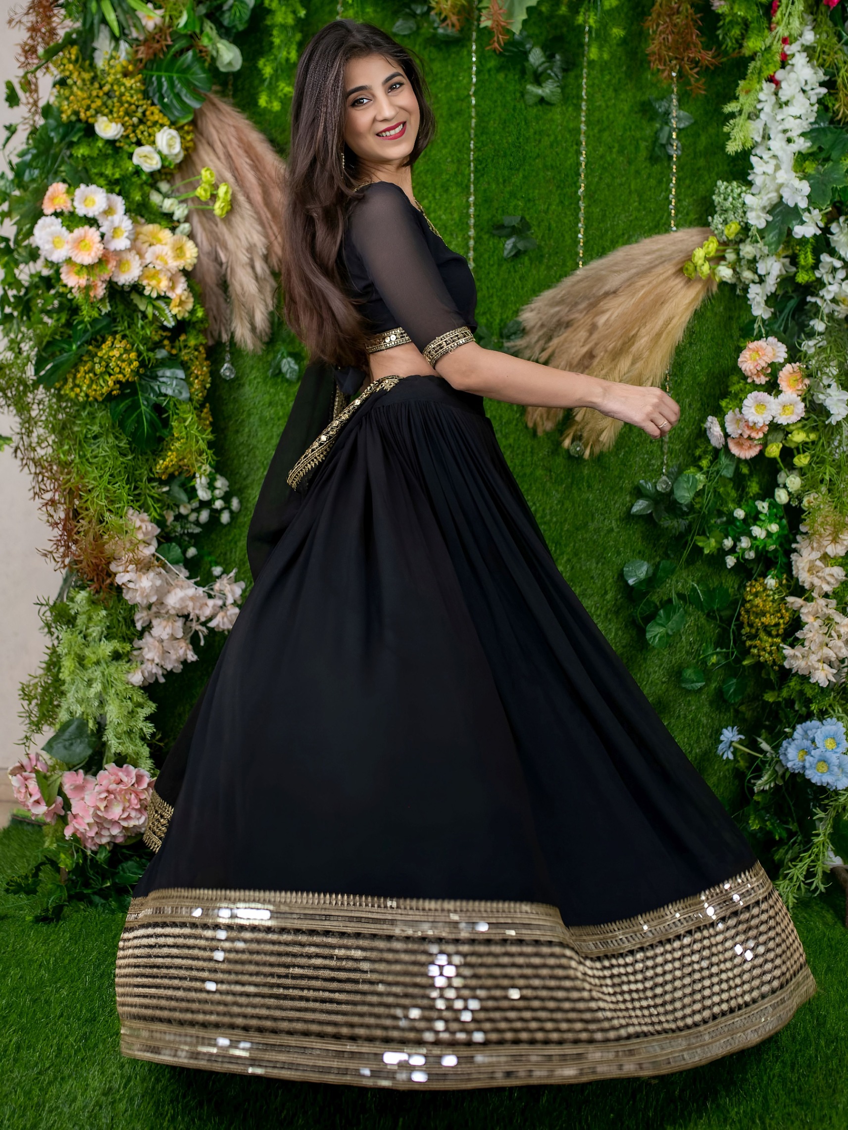 Midnight Black Georgette Mirror Embroidered Flared Lehenga Choli