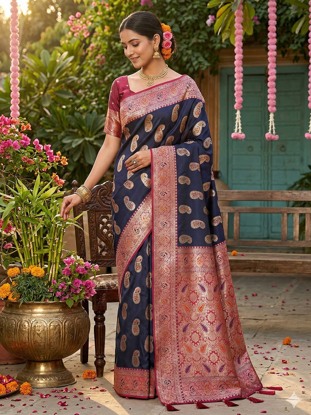 Midnight Navy Heritage Paisley Silk Blend Saree