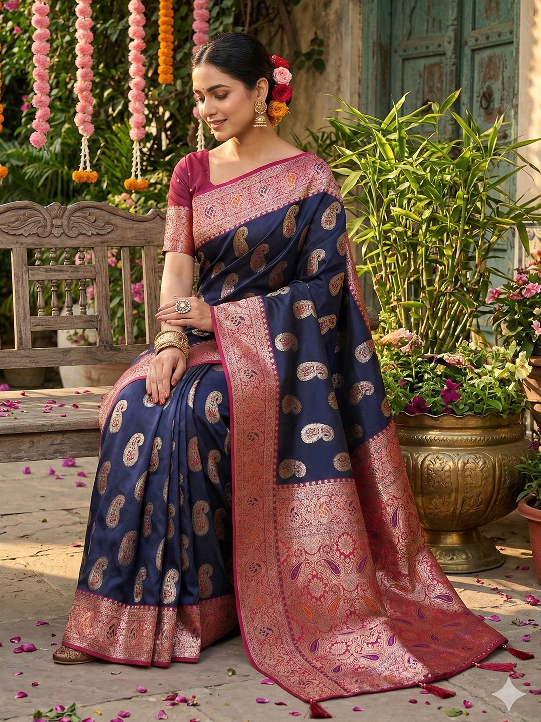 Midnight Navy Heritage Paisley Silk Blend Saree
