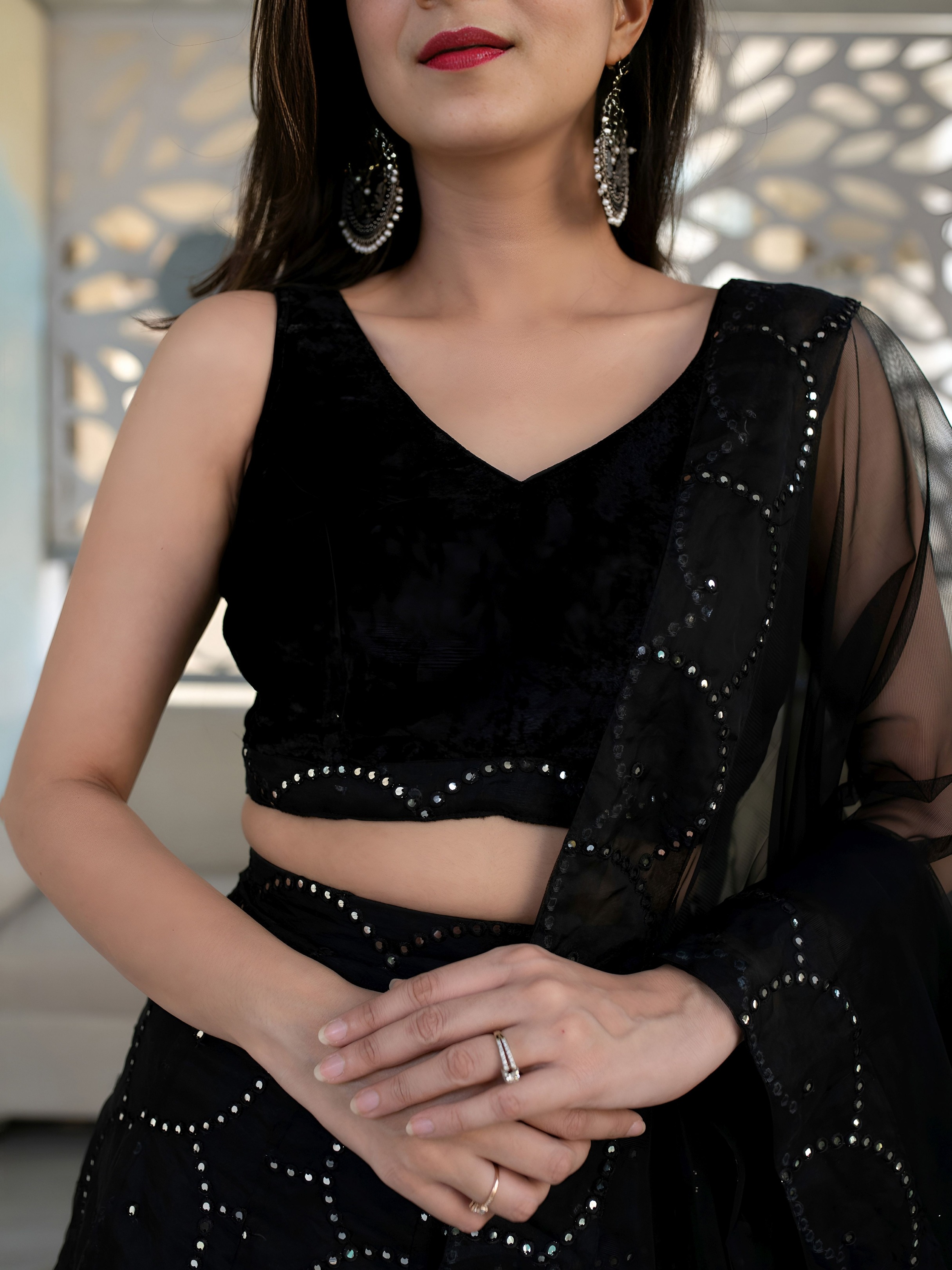 Midnight Noir Velvet Thread Embroidered Structured Lehenga Choli