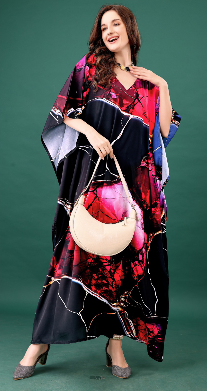 Midnight Ruby Abstract Digital Printed Feather Silk Kaftan