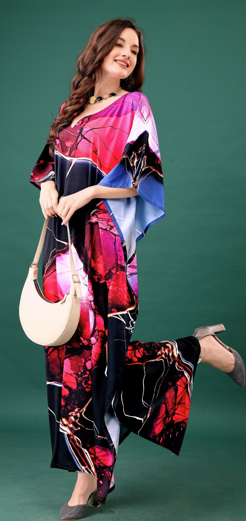 Midnight Ruby Abstract Digital Printed Feather Silk Kaftan — alternate view