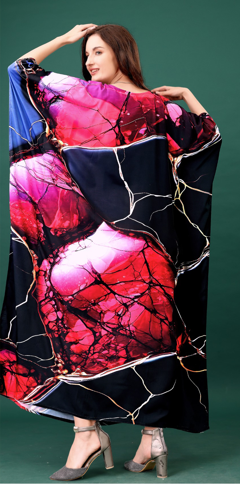Midnight Ruby Abstract Digital Printed Feather Silk Kaftan