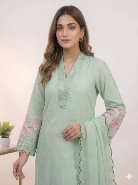 Mint Green Embroidered Mal Chanderi Silk Salwar Suit — alternate view