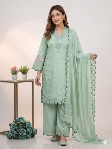 Mint Green Embroidered Mal Chanderi Silk Salwar Suit