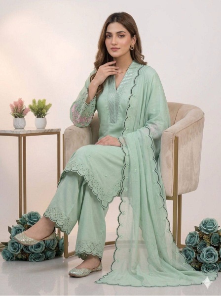 Mint Green Embroidered Mal Chanderi Silk Salwar Suit