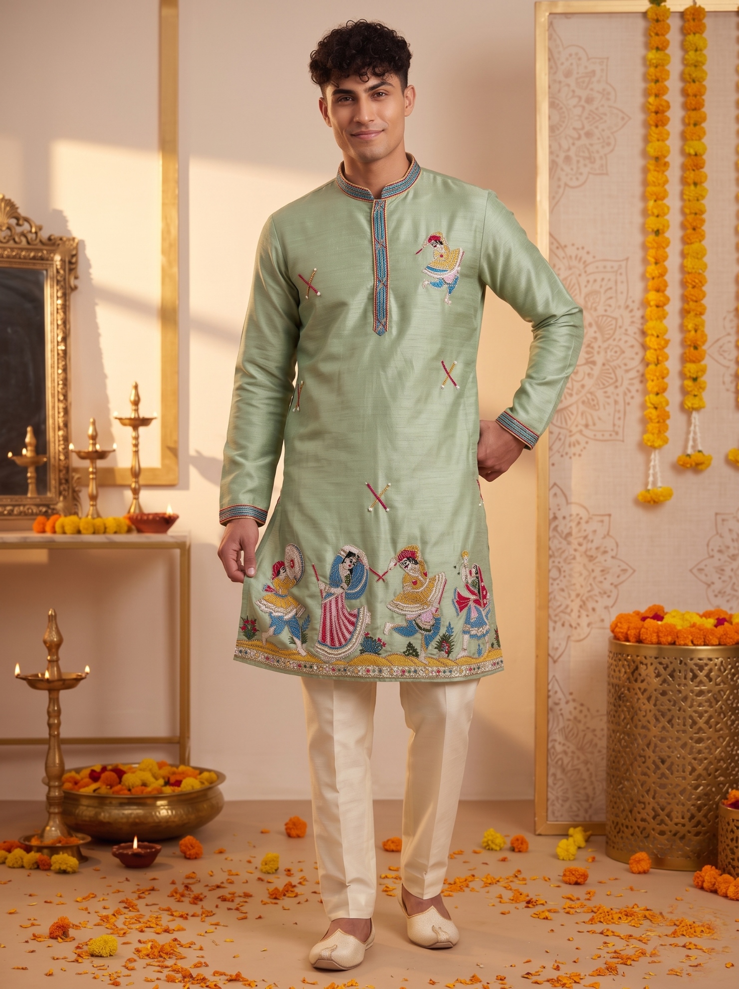 Mint Green Embroidered Synthetic Silk Kurta Pyjama