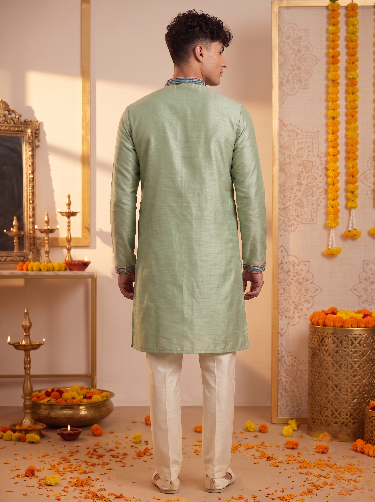 Mint Green Embroidered Synthetic Silk Kurta Pyjama — alternate view