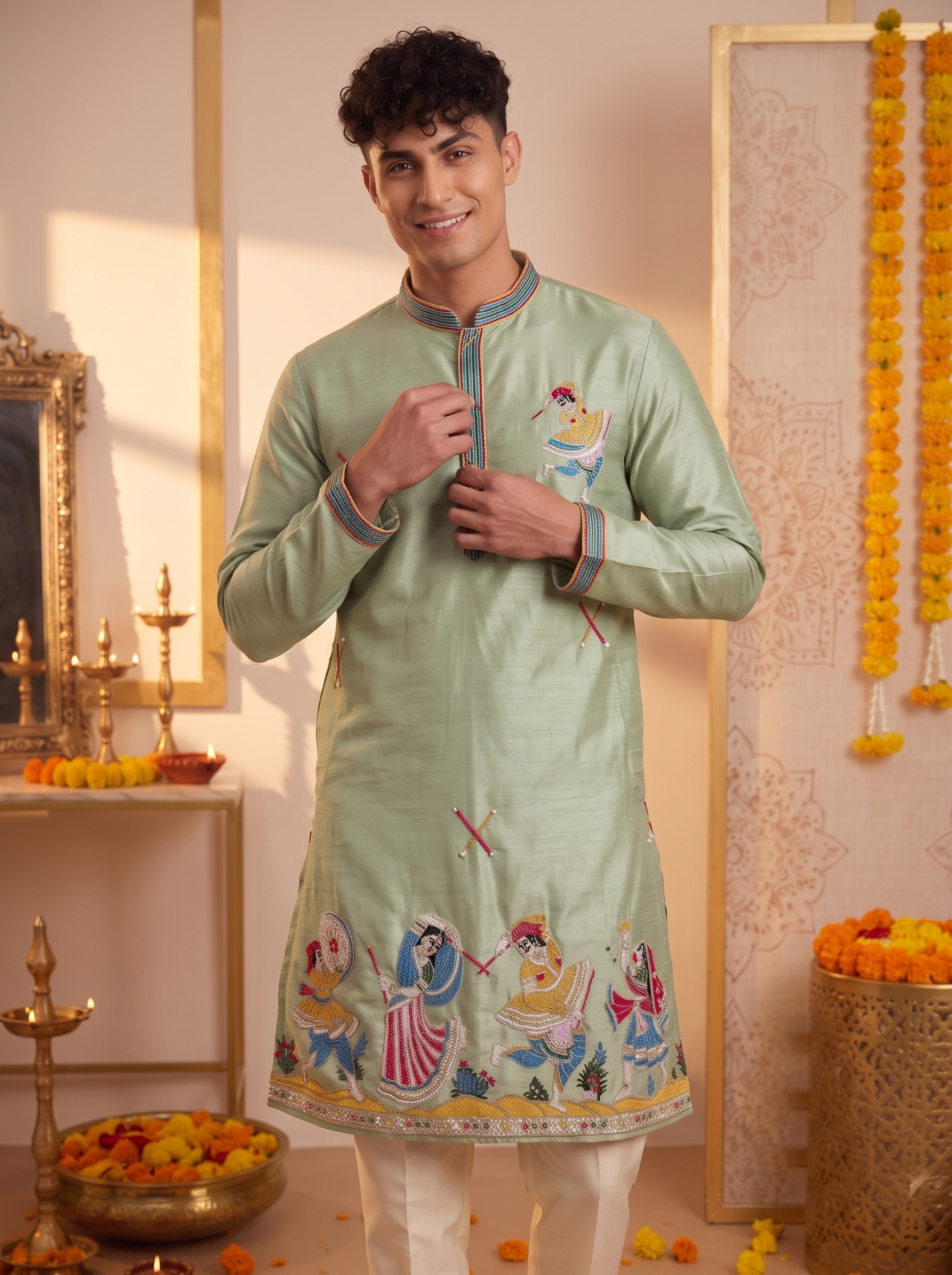 Mint Green Embroidered Synthetic Silk Kurta Pyjama