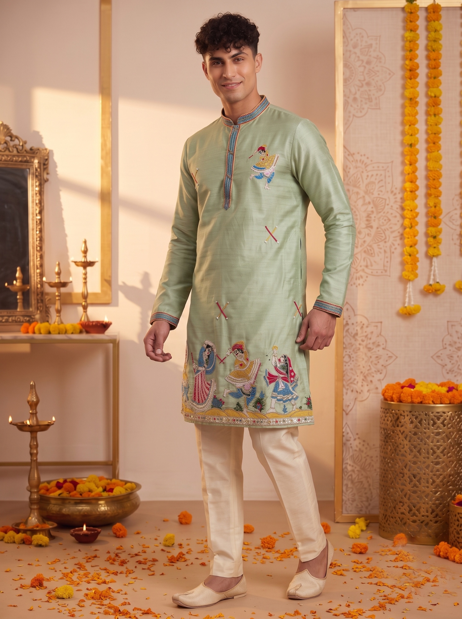 Mint Green Embroidered Synthetic Silk Kurta Pyjama
