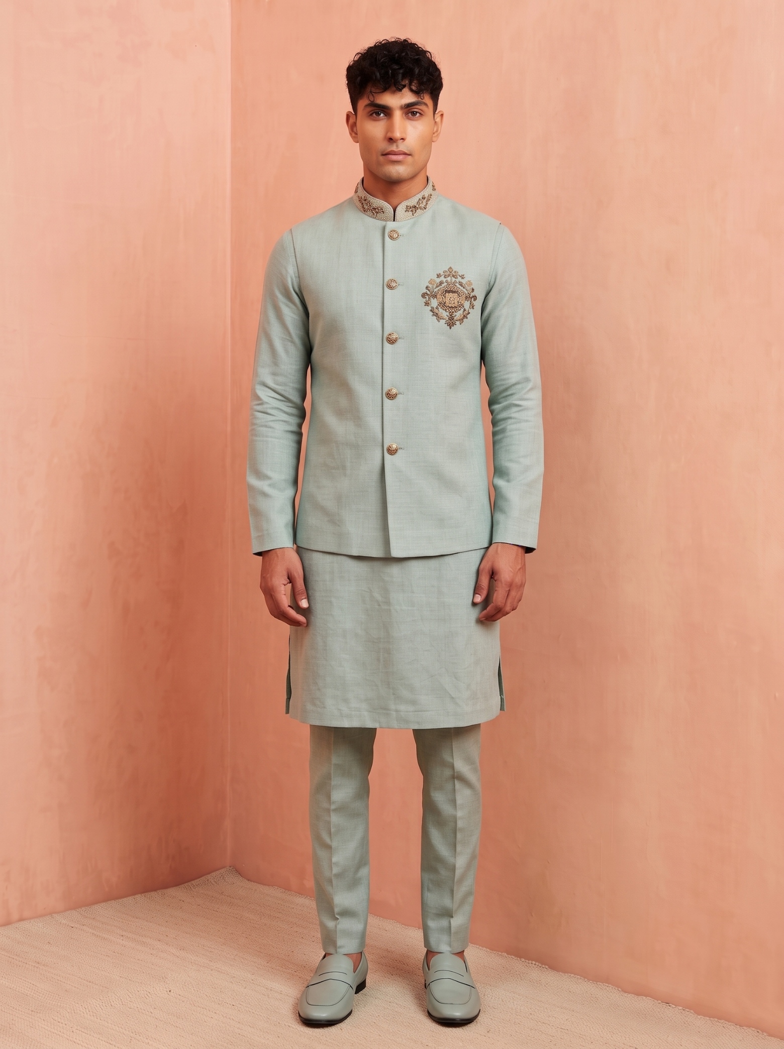 Mint Green Embroidery Premium Linen Jacket Kurta Pyjama