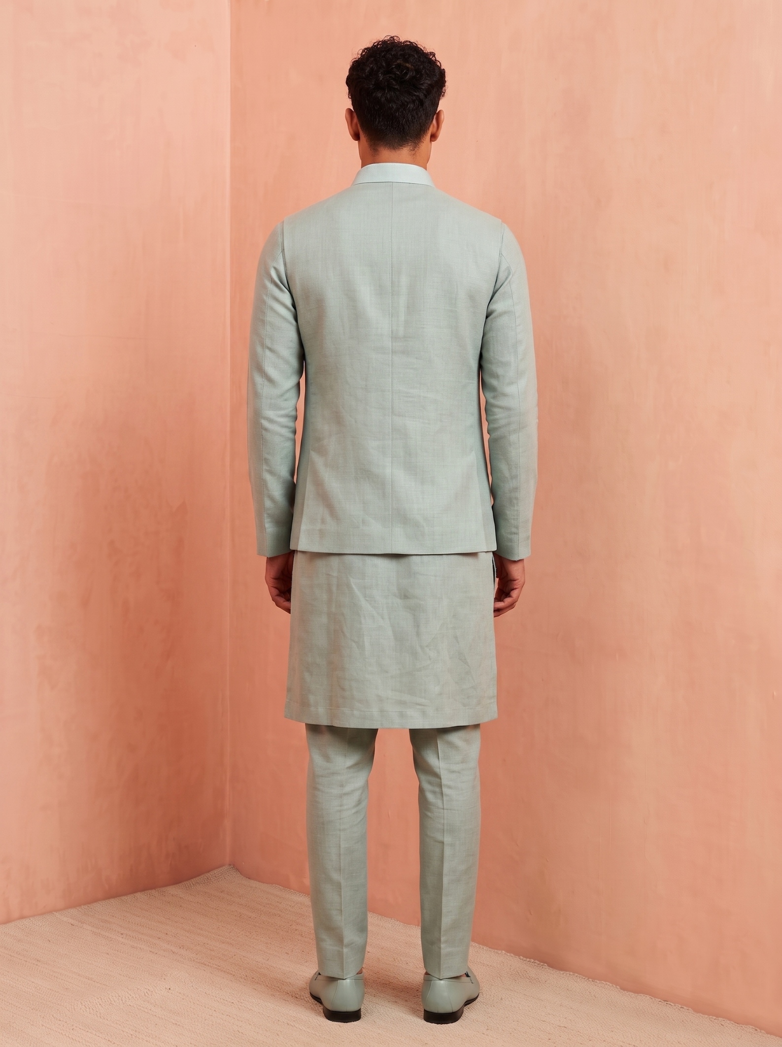 Mint Green Embroidery Premium Linen Jacket Kurta Pyjama — alternate view