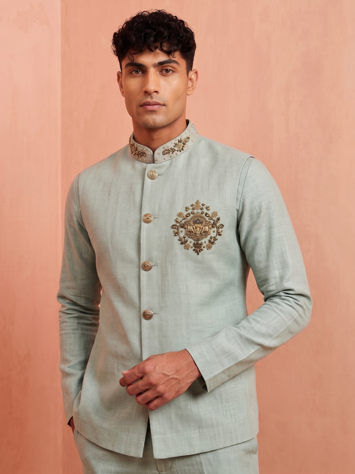 Mint Green Embroidery Premium Linen Jacket Kurta Pyjama