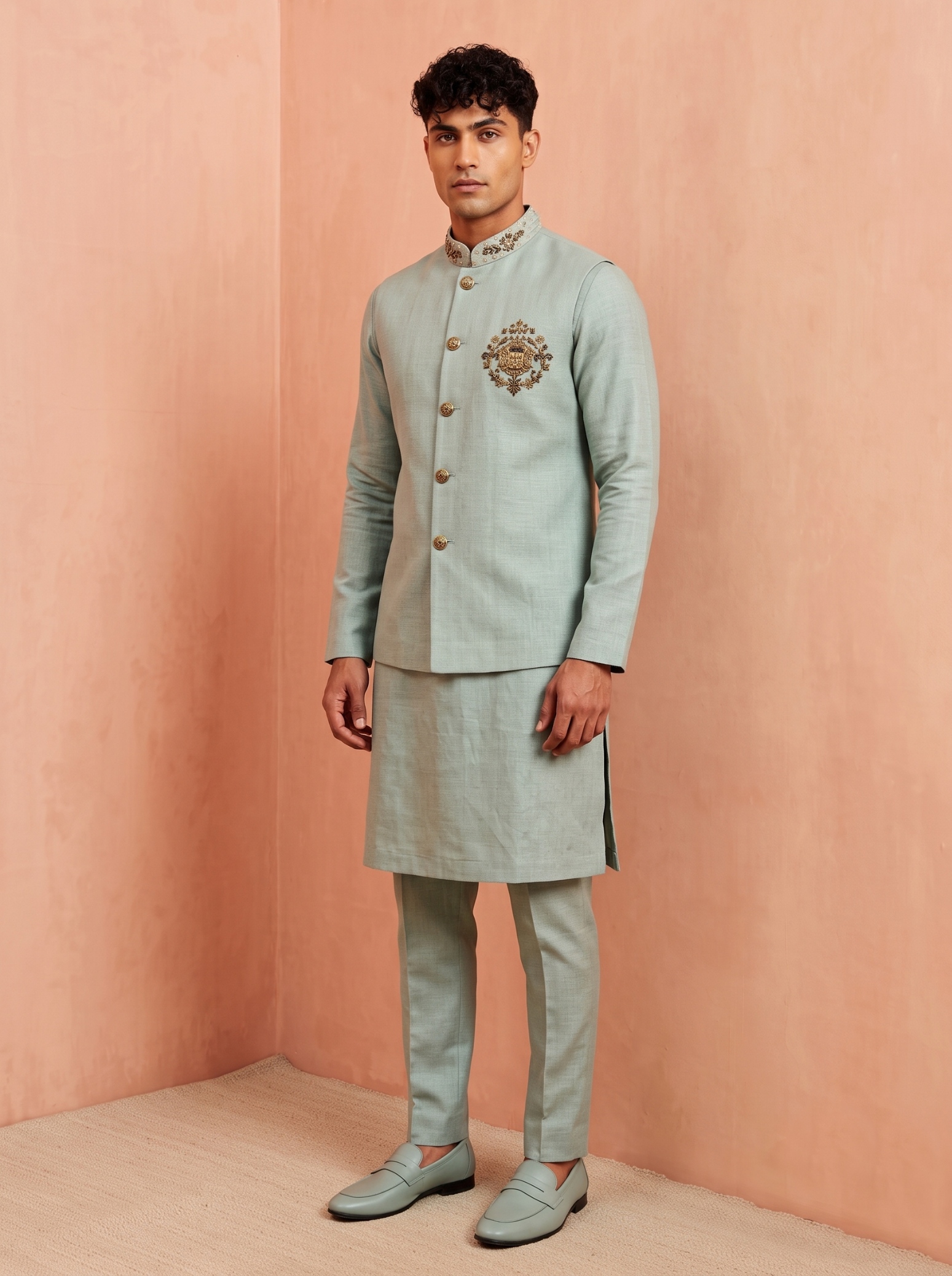 Mint Green Embroidery Premium Linen Jacket Kurta Pyjama