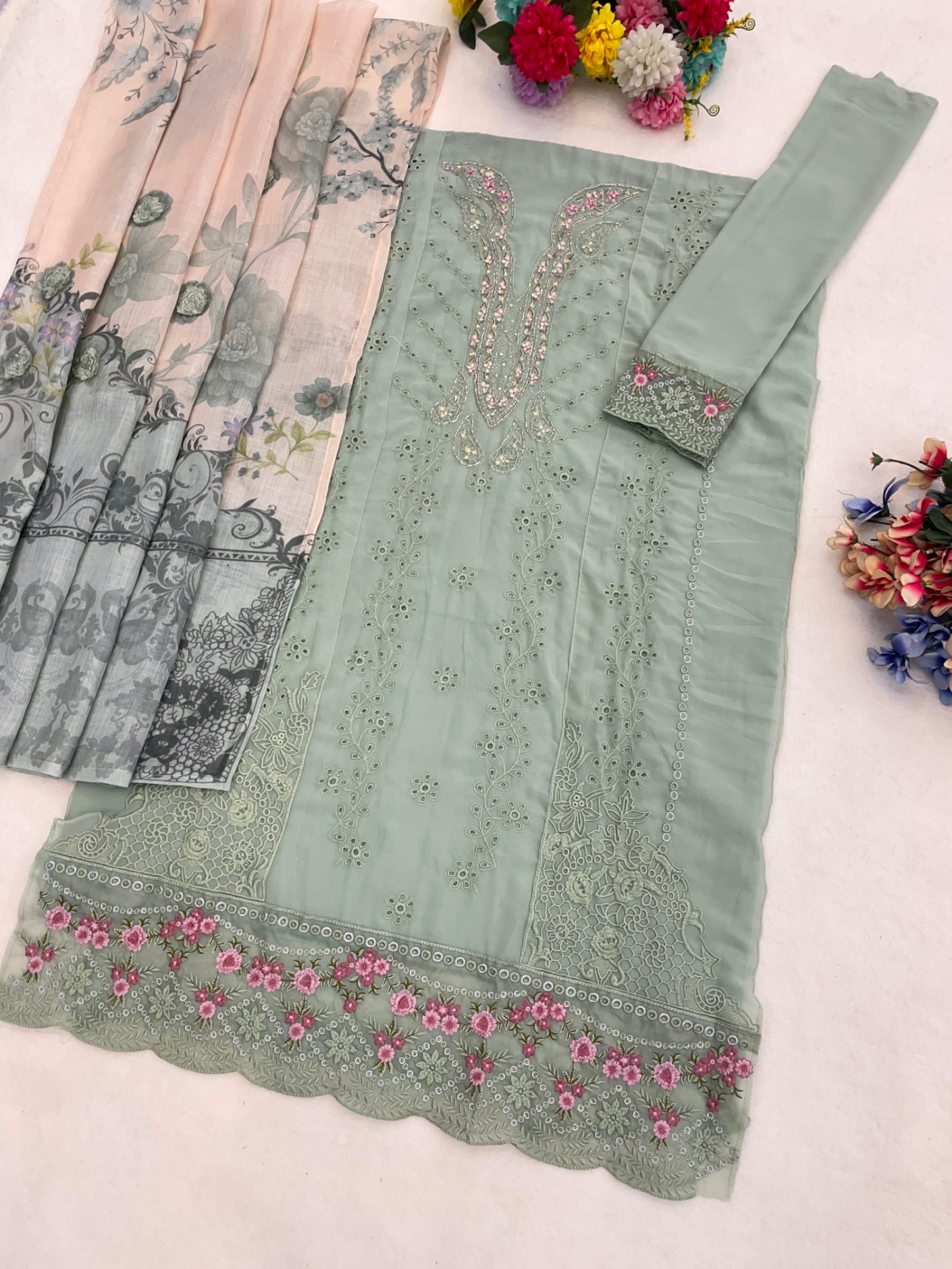 Mint Green Floral Embroidered Georgette Salwar Suit