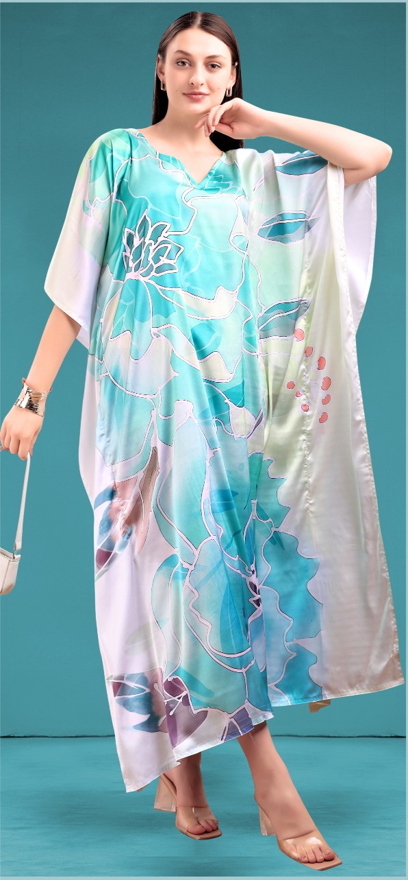 Mint Green Large Floral Printed Poly Japan Satin Kaftan