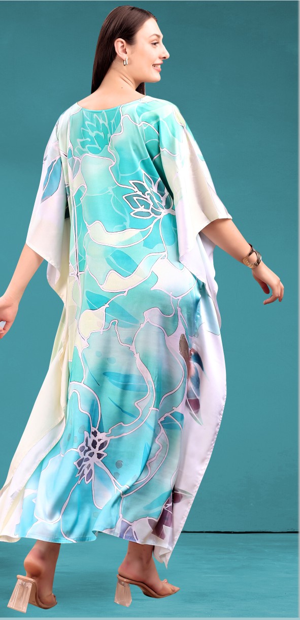 Mint Green Large Floral Printed Poly Japan Satin Kaftan — alternate view
