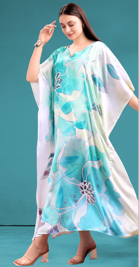 Mint Green Large Floral Printed Poly Japan Satin Kaftan