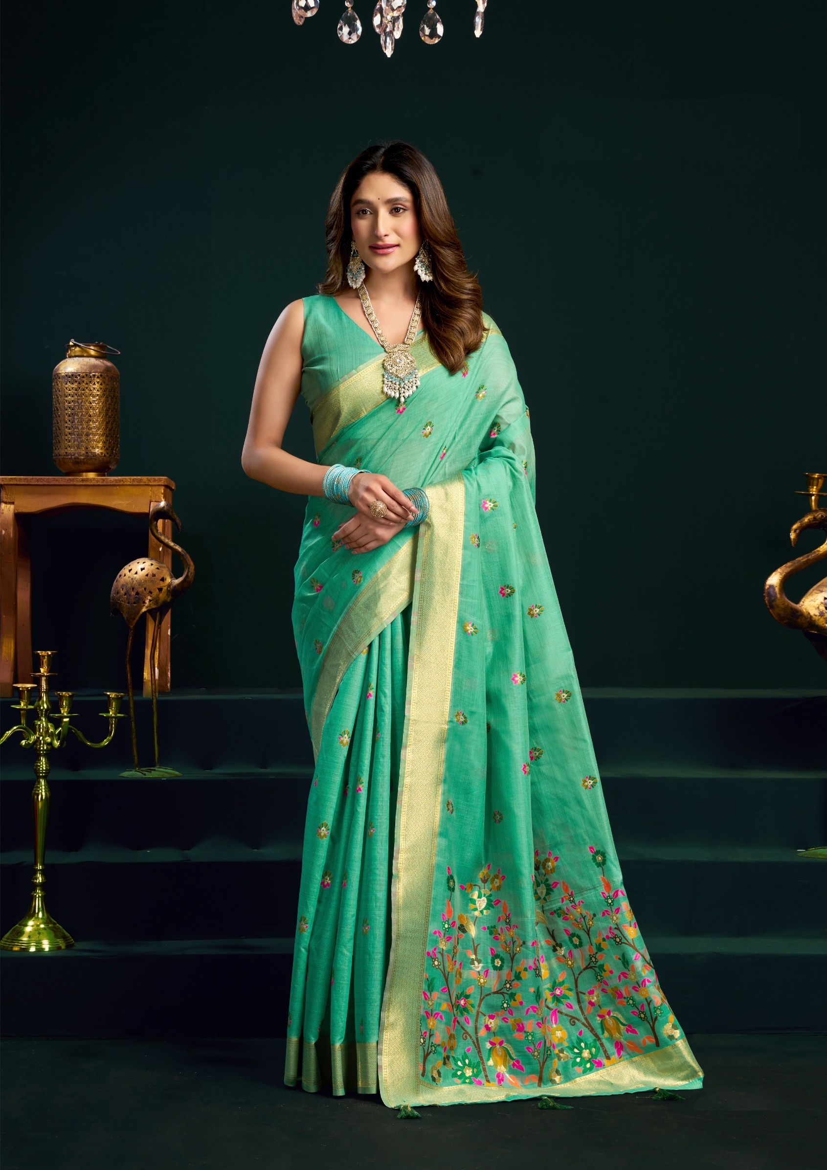 Mint Green Munga Cotton Floral Mina Zari Border Saree