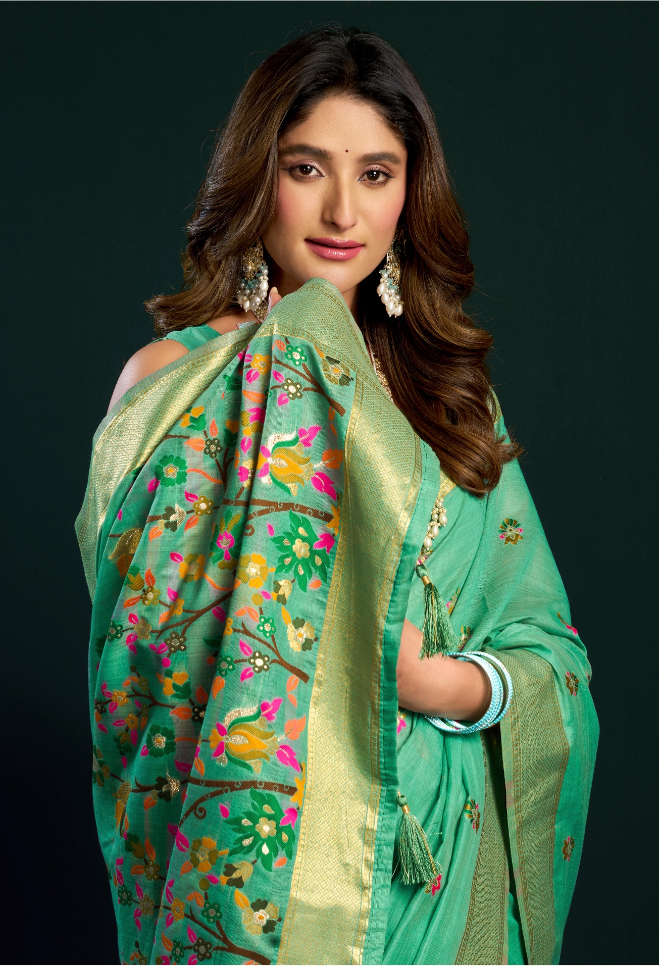 Mint Green Munga Cotton Floral Mina Zari Border Saree