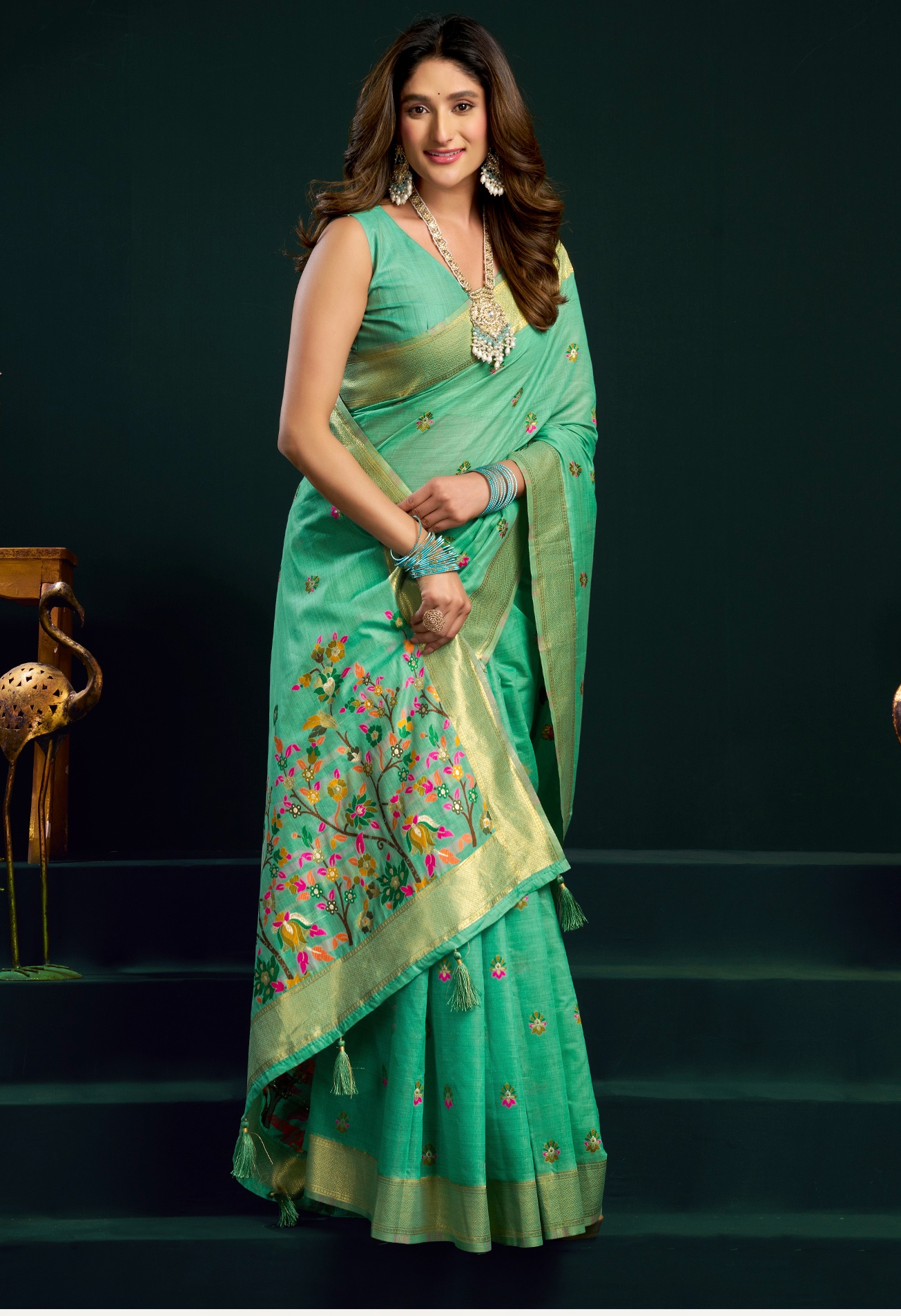 Mint Green Munga Cotton Floral Mina Zari Border Saree