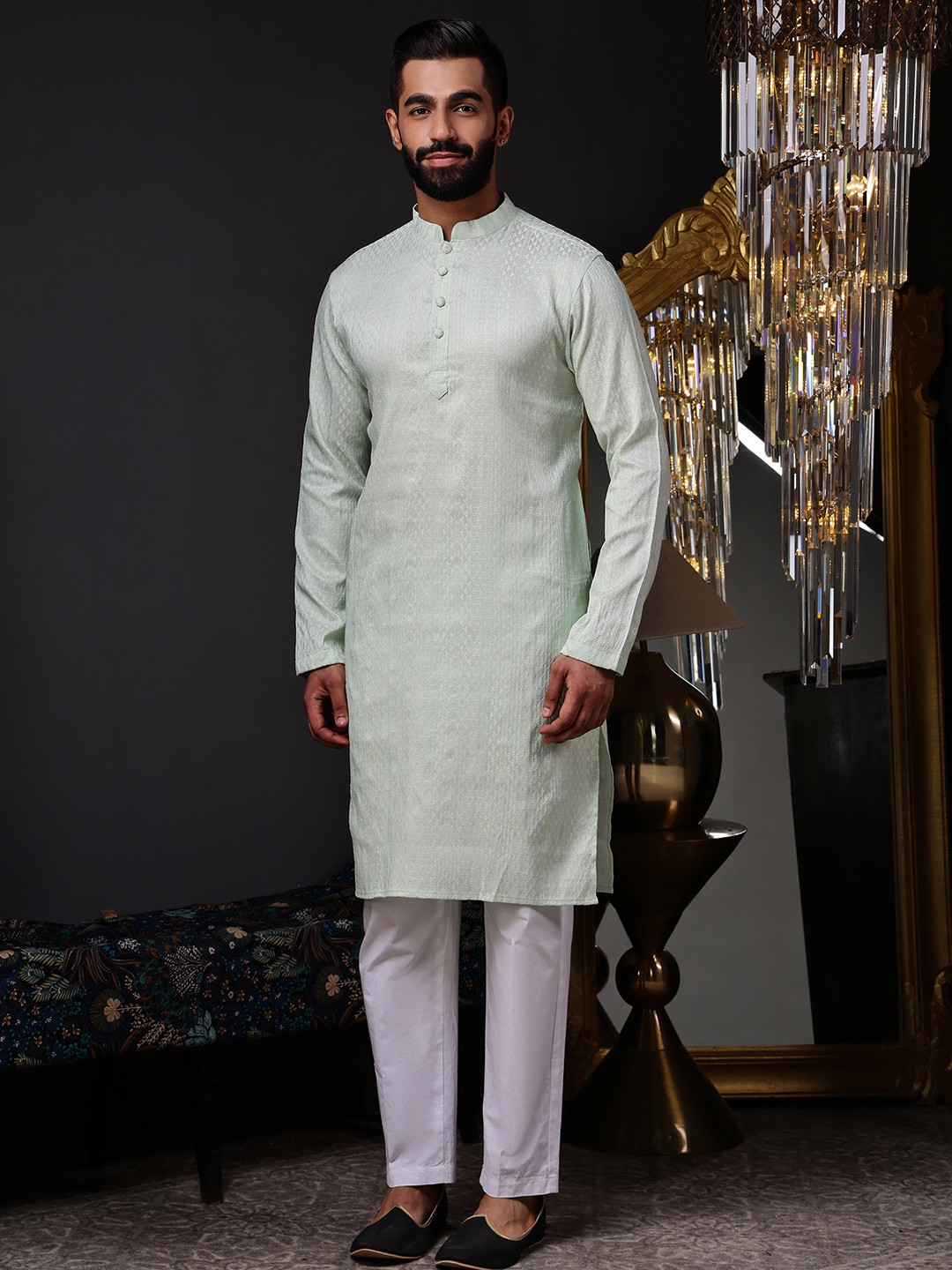 Mint Green Woven Silk Blend Kurta Pyjama