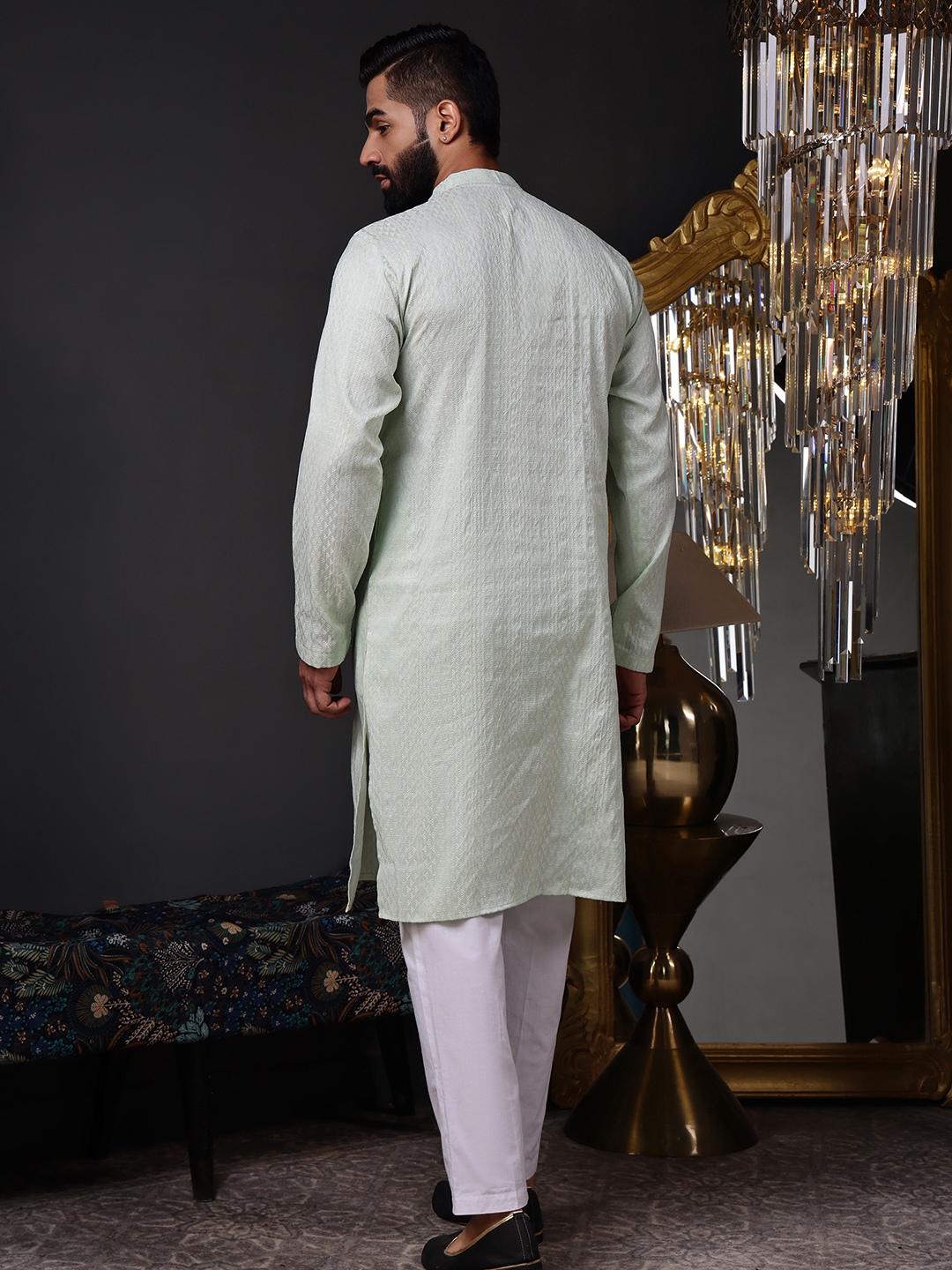 Mint Green Woven Silk Blend Kurta Pyjama — alternate view