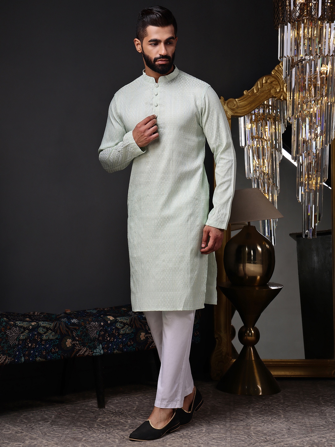 Mint Green Woven Silk Blend Kurta Pyjama