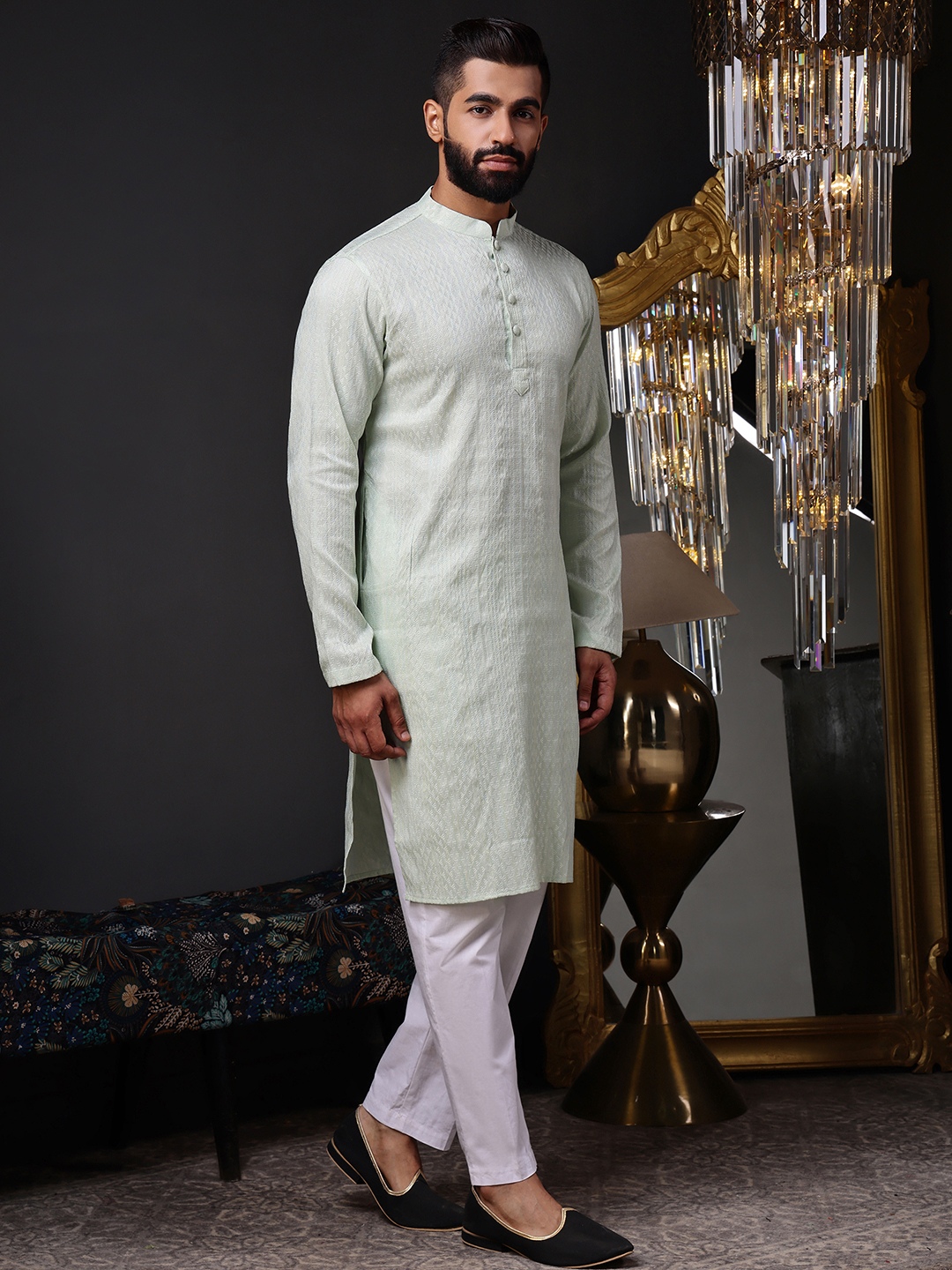 Mint Green Woven Silk Blend Kurta Pyjama