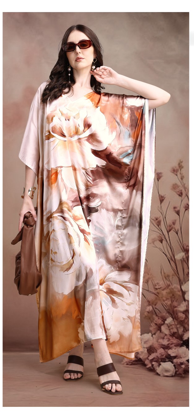 Mocha Blossom Elegant Digital Printed Satin Kaftan