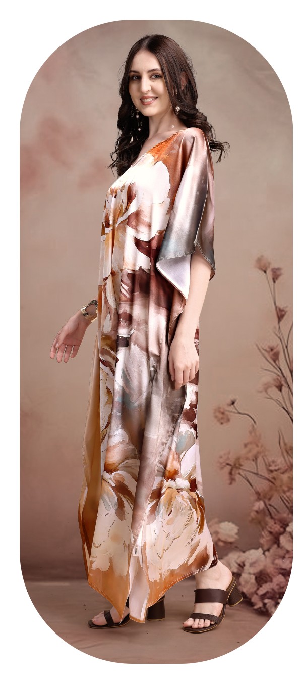 Mocha Blossom Elegant Digital Printed Satin Kaftan