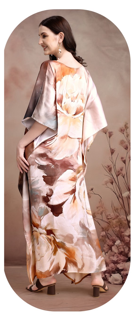 Mocha Blossom Elegant Digital Printed Satin Kaftan