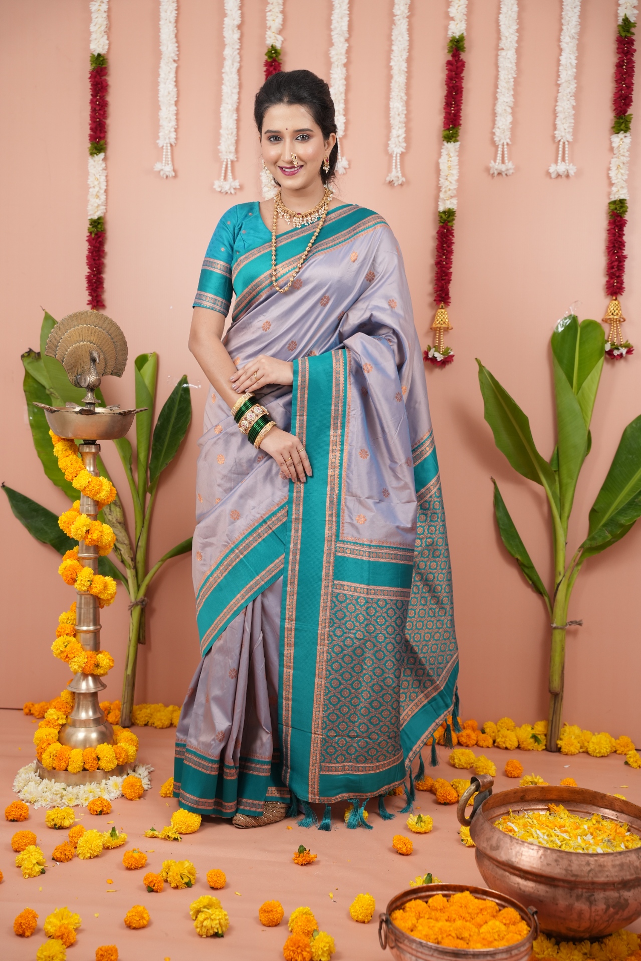 Moonlit Grey Rama Border Silk Saree