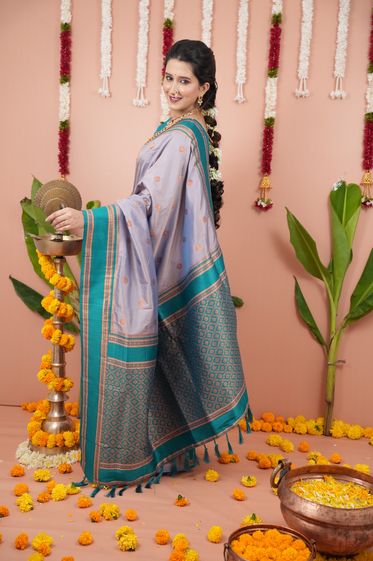 Moonlit Grey Rama Border Silk Saree