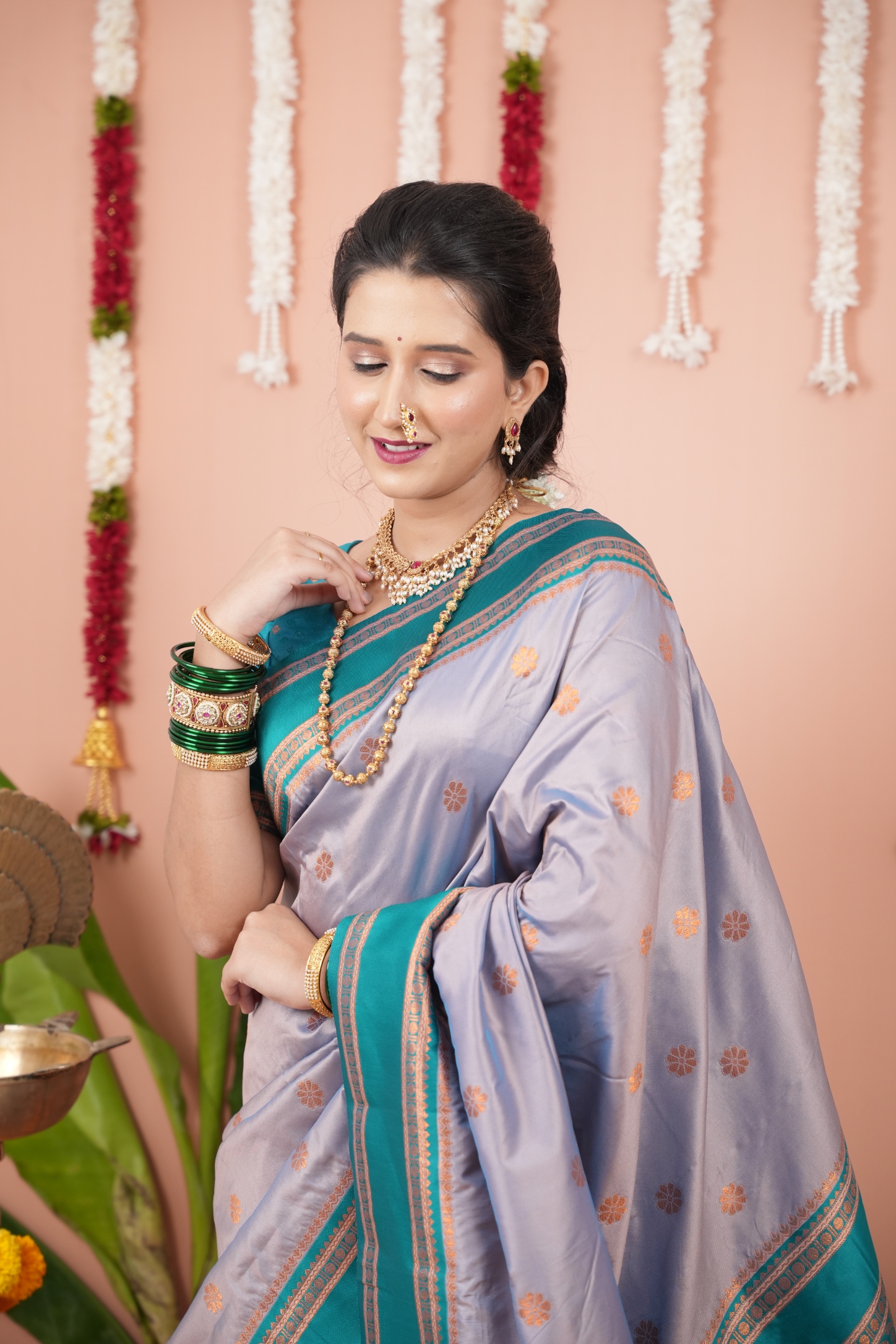 Moonlit Grey Rama Border Silk Saree