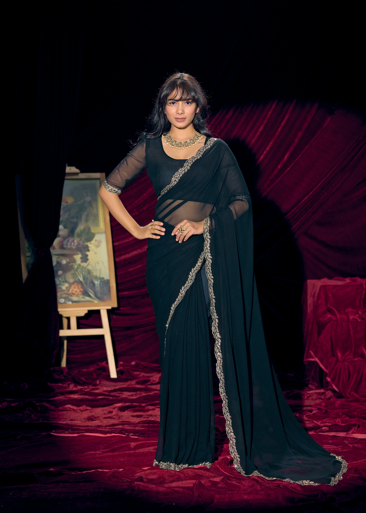 Morpeach Contemporary Zari Border Georgette Saree