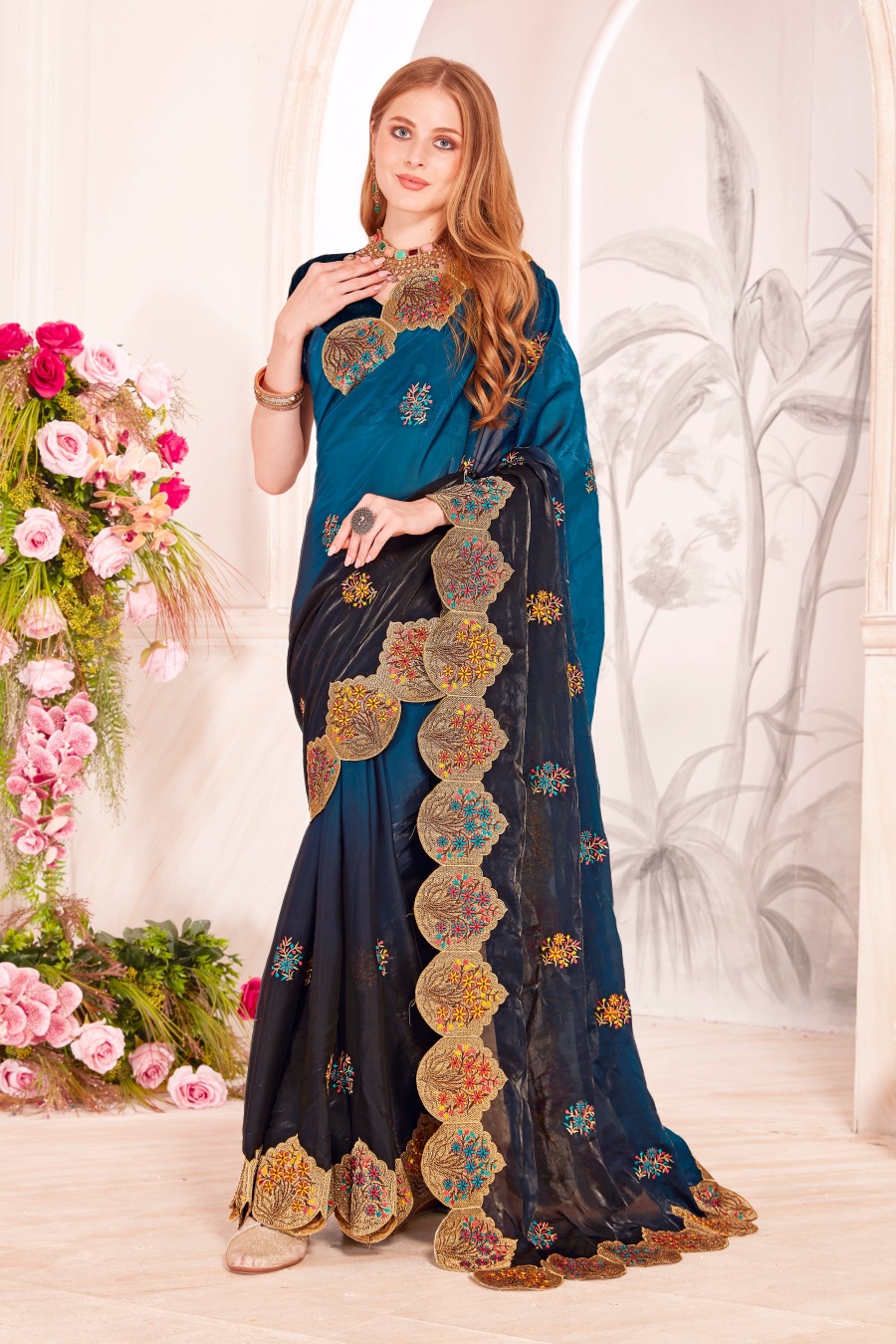 Morpeach Fendi Satin Silk Two Tone Shaded Zari and Resham Embroidered Saree