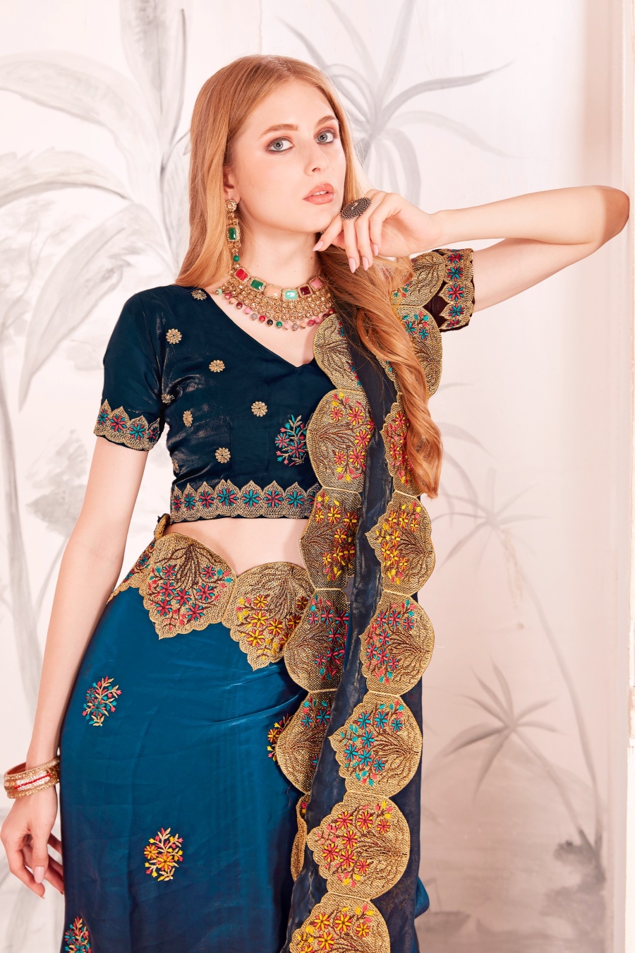 Morpeach Fendi Satin Silk Two Tone Shaded Zari and Resham Embroidered Saree