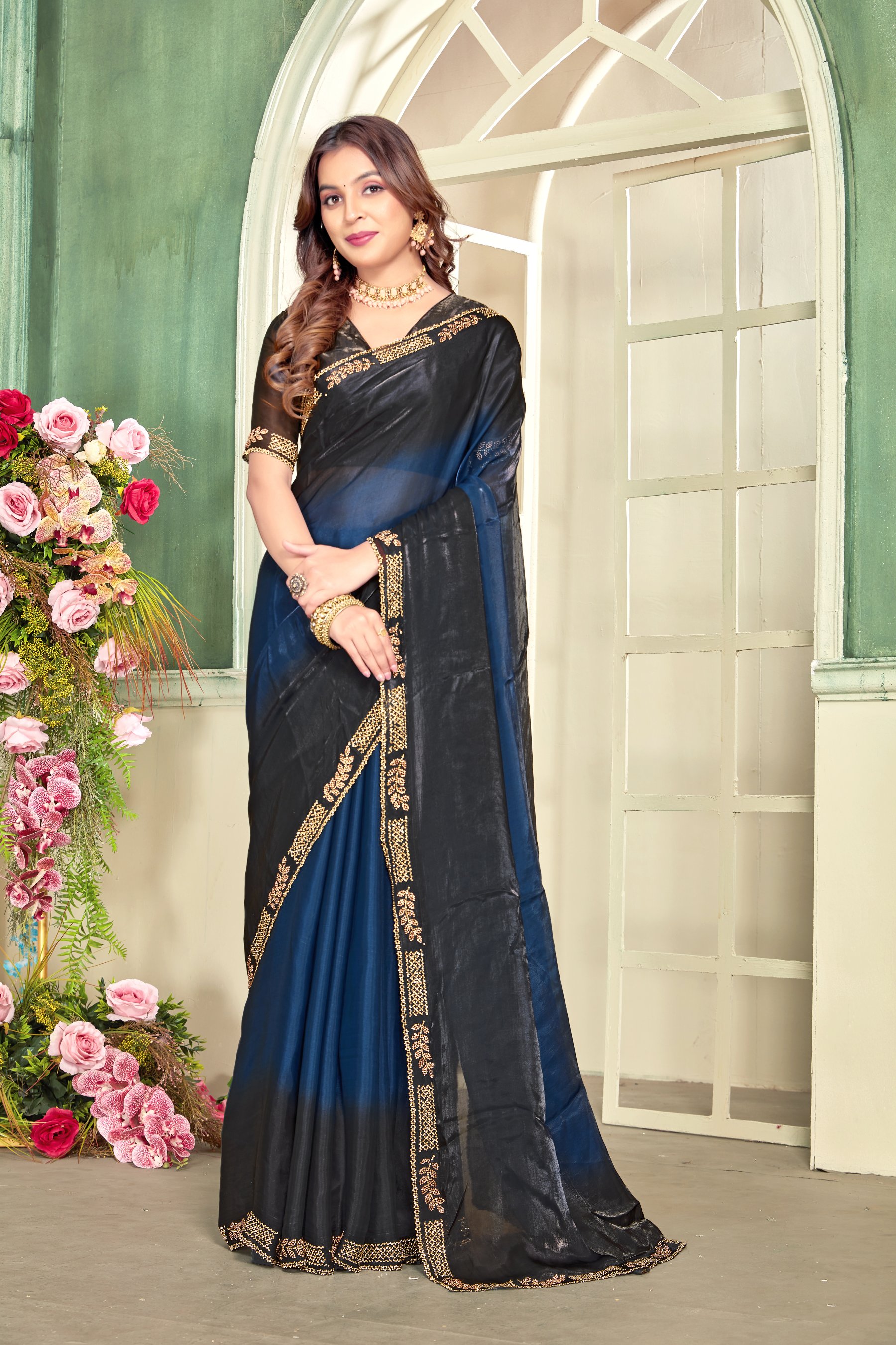Morpeach Fendy Satin Silk Zircon Border Saree