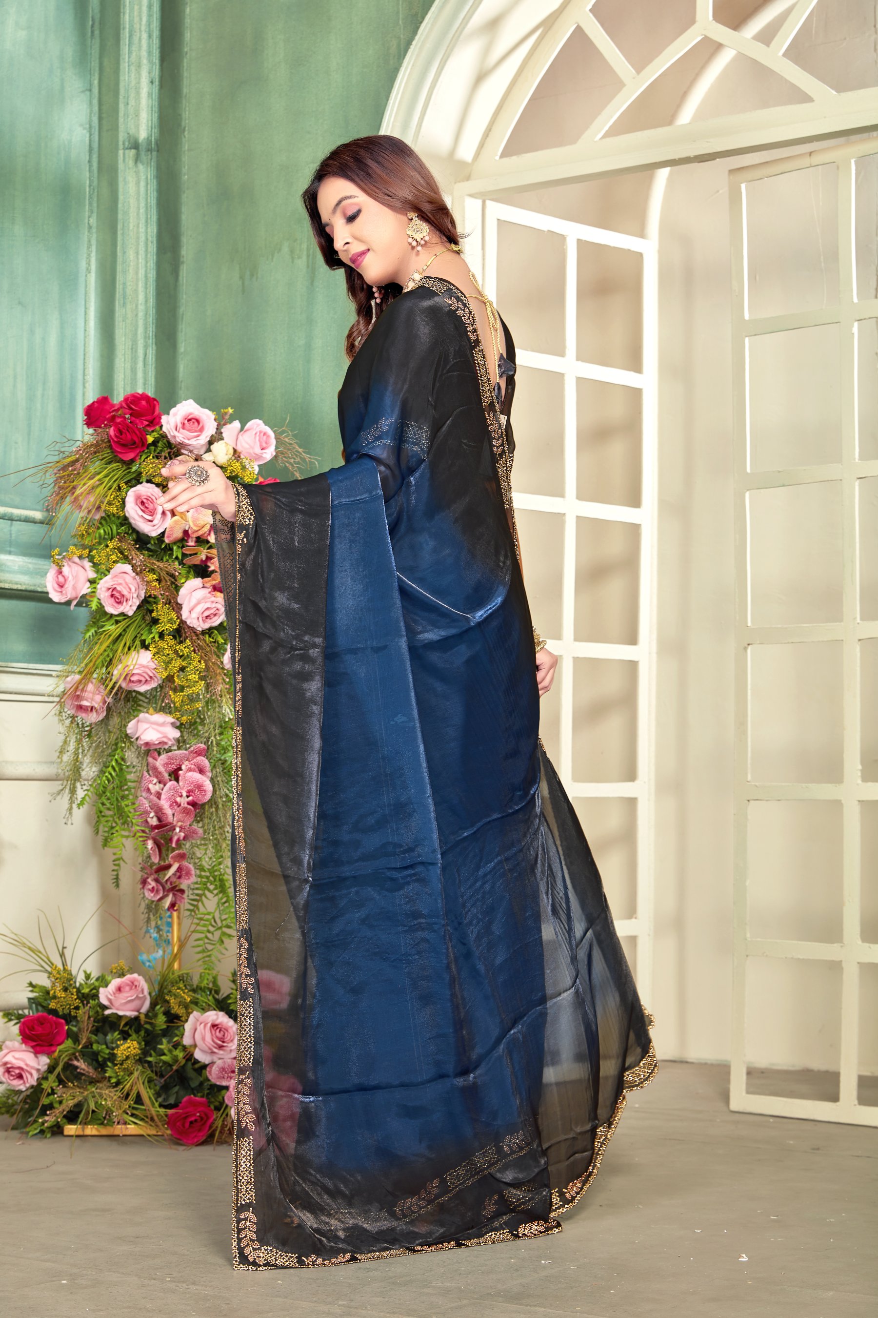 Morpeach Fendy Satin Silk Zircon Border Saree — alternate view