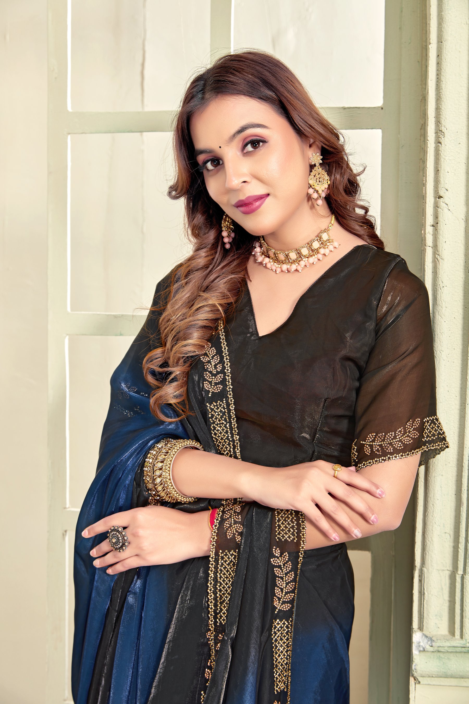 Morpeach Fendy Satin Silk Zircon Border Saree