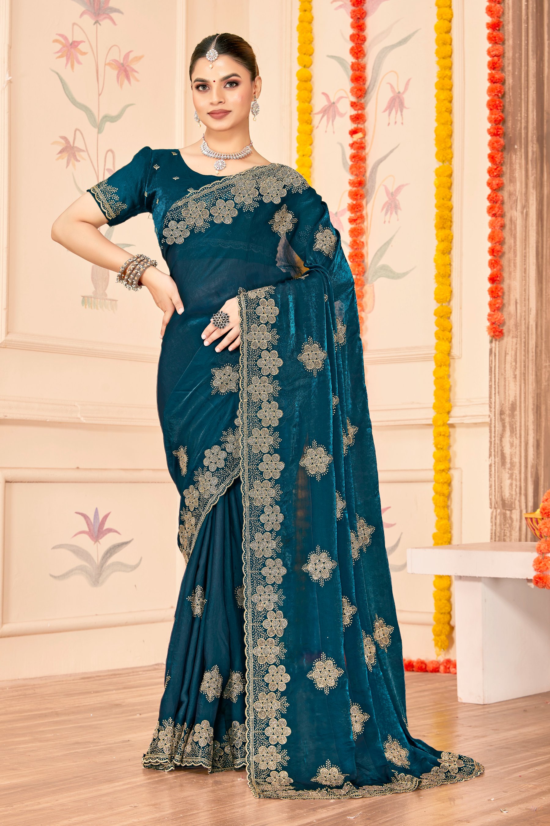 Morpeach Fendy Silk Zari Siroski Saree