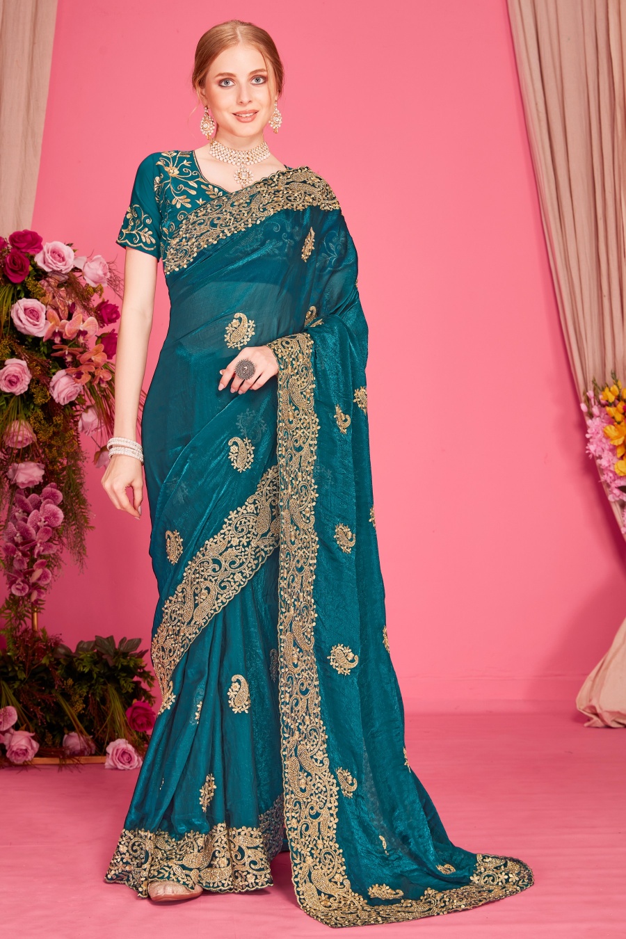 Morpeach Fendy Two Tone Silk Heavy Zari Embroidery Zircon Work Embroidered Saree
