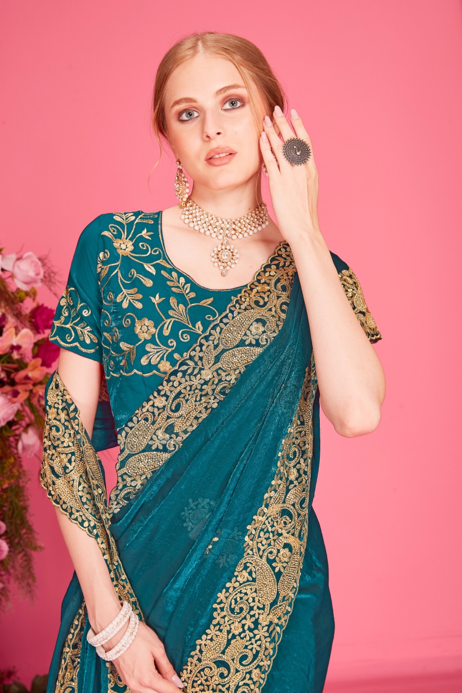 Morpeach Fendy Two Tone Silk Heavy Zari Embroidery Zircon Work Embroidered Saree — alternate view