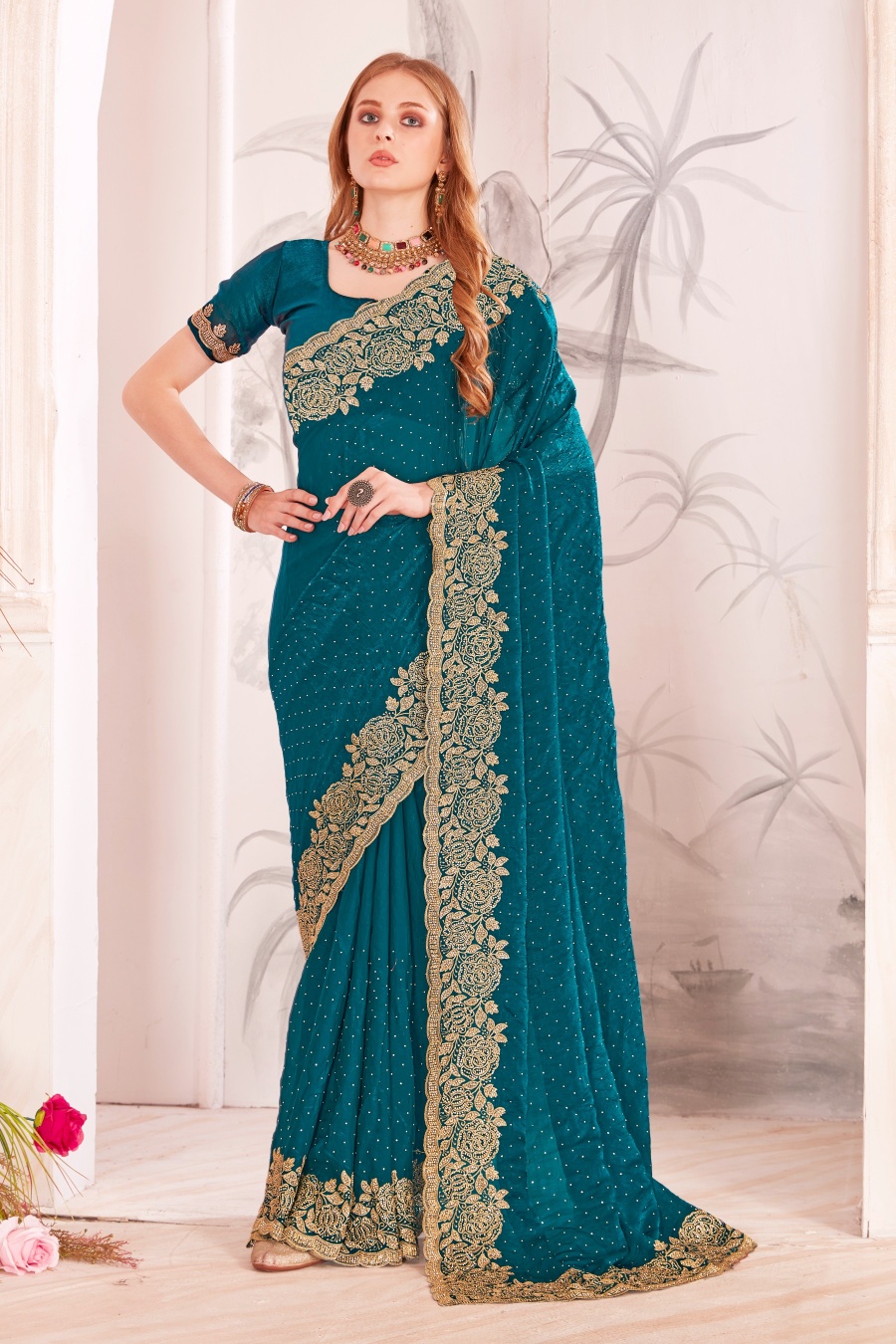 Morpeach Fendy Two Tone Silk Heavy Zari Resham Embroidery Zircon Work Designer Saree