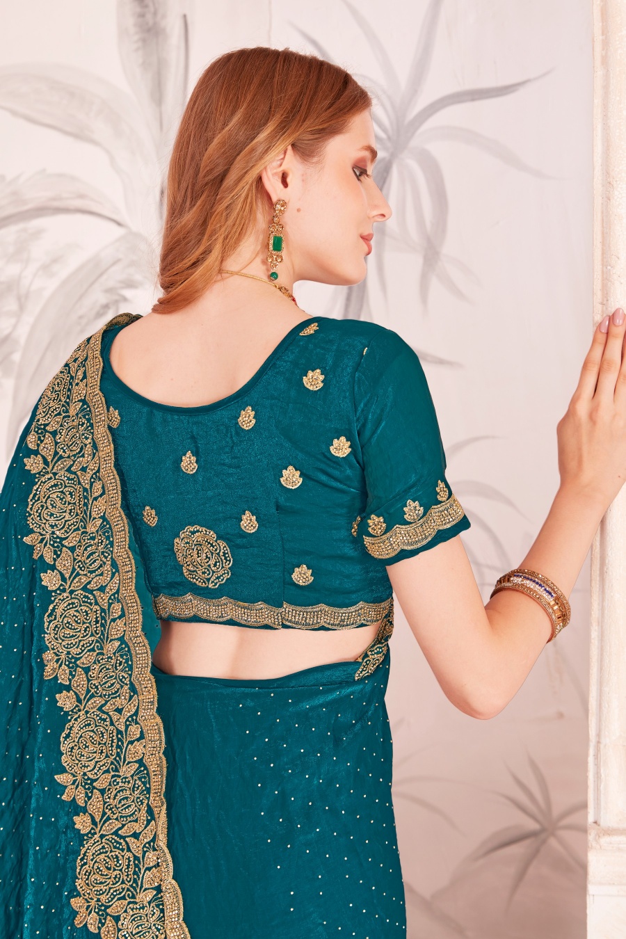 Morpeach Fendy Two Tone Silk Heavy Zari Resham Embroidery Zircon Work Designer Saree — alternate view