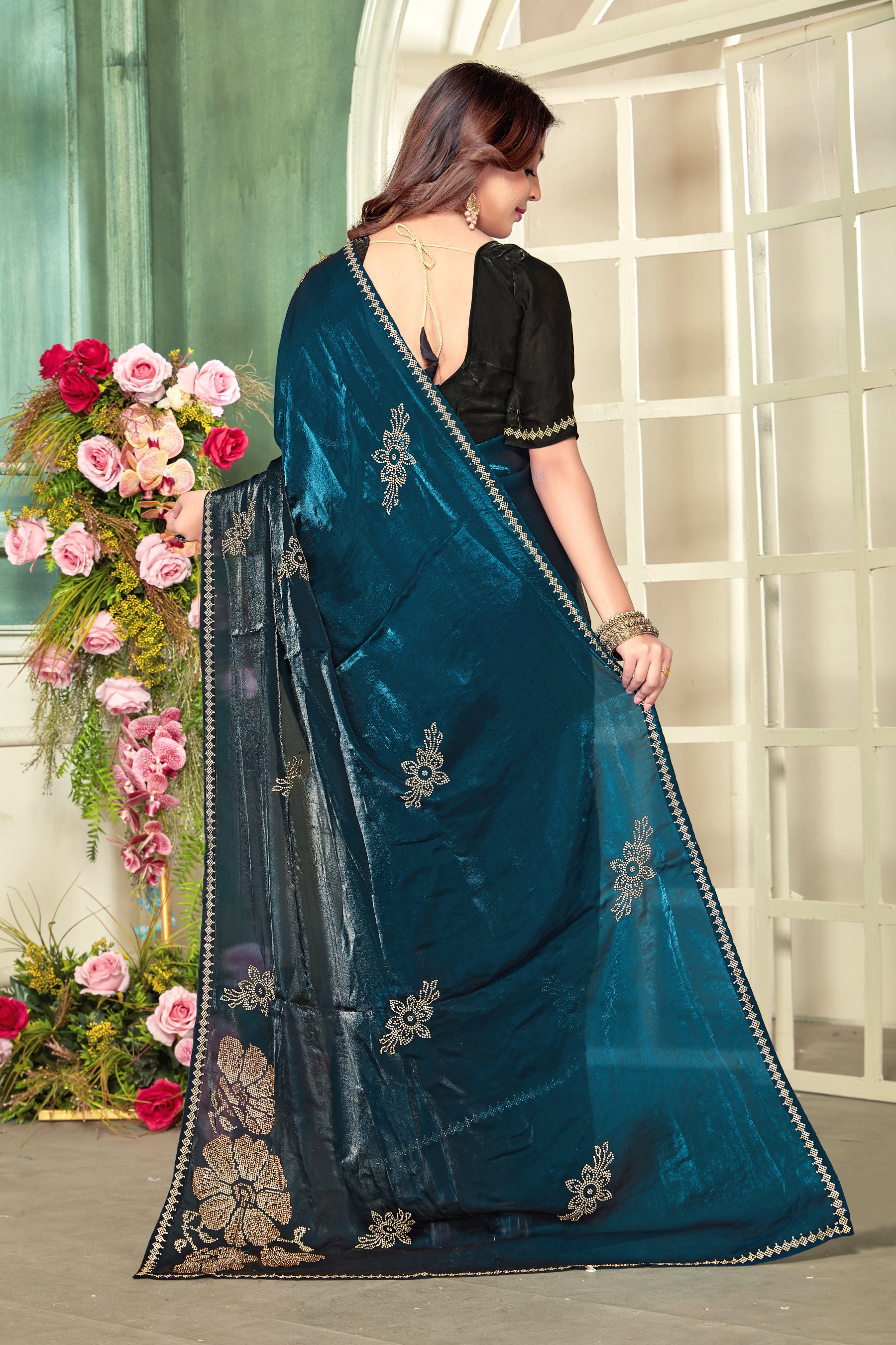 Morpeach Heavy Zircon Work Fendi Satin Silk Two Tone Saree — alternate view